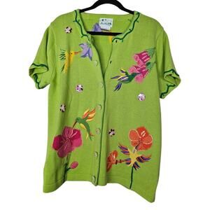 Vintage 90s Quacker Factory L Green Short Sleeve Cardigan Sweater Hummingbird